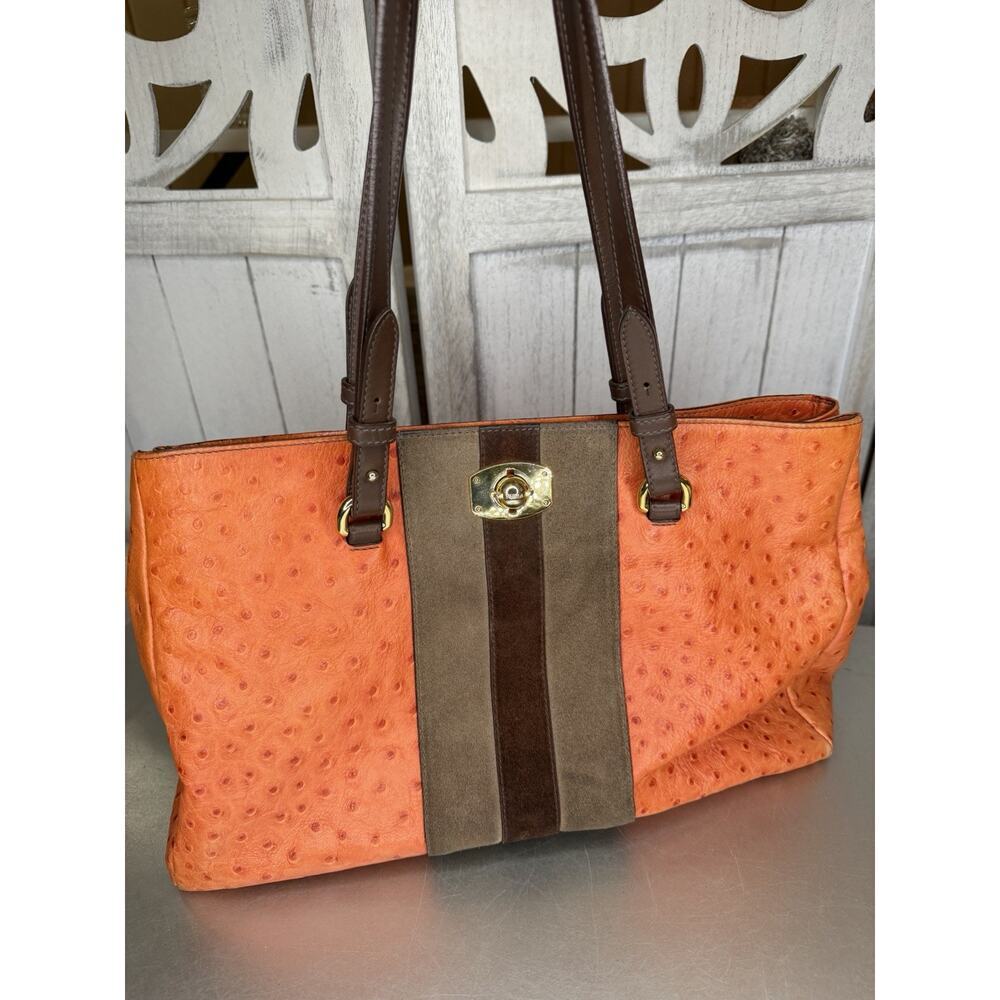 Furla Orange Ostrich Large Tote Bag Leather Suede Trim Gold Turnlock Adjustable